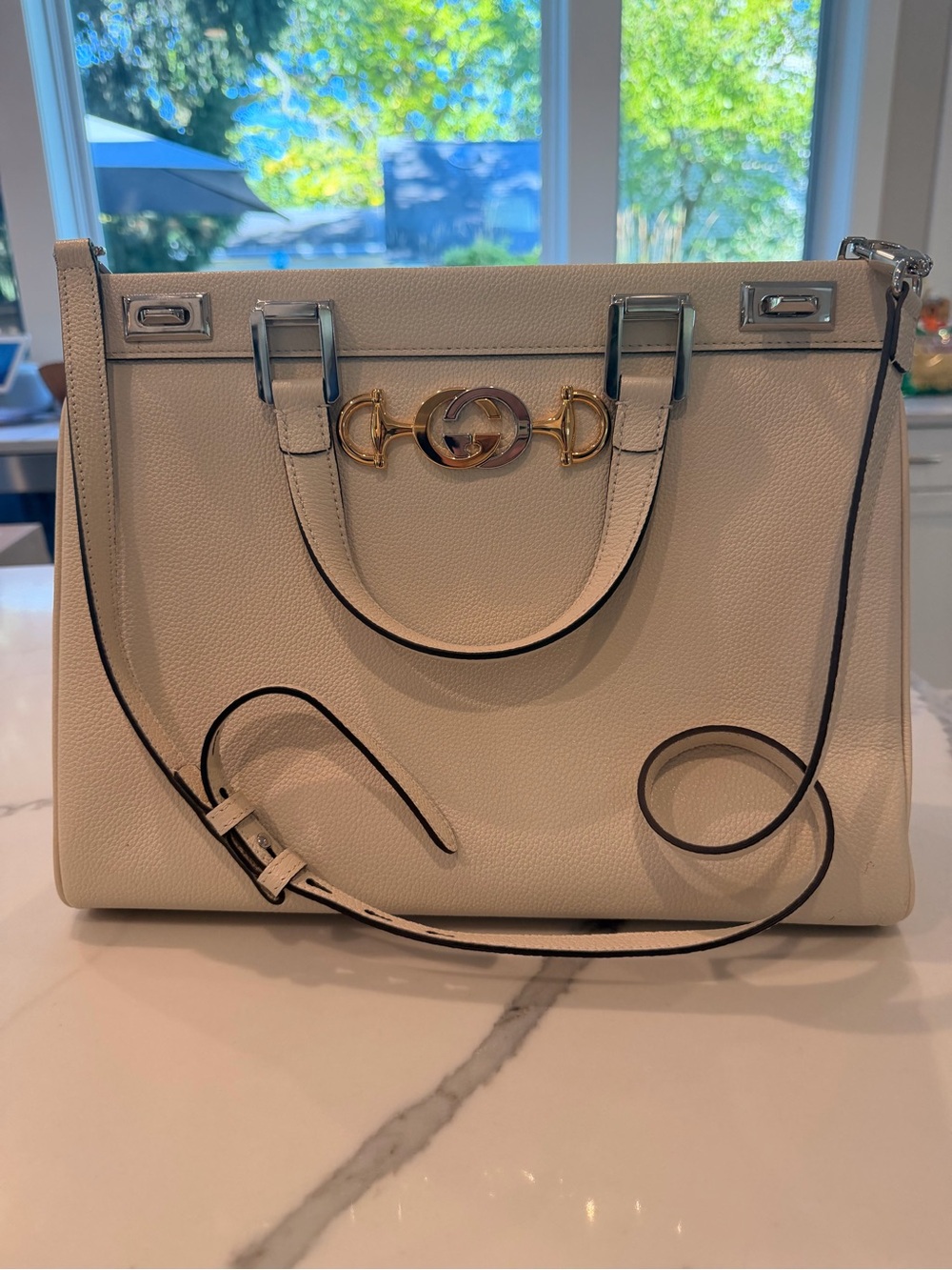 Gucci Cream Leather Top-Handle Satchel with Gold Hardware